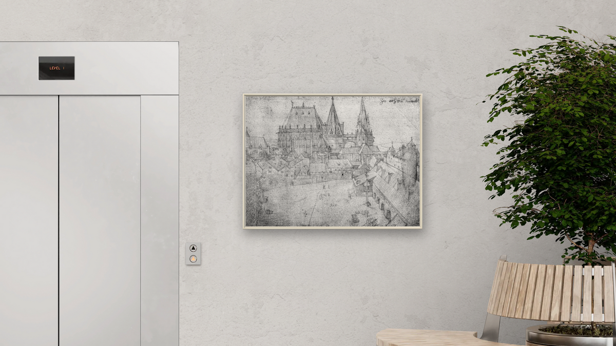 The Minster at Aachen by Albrecht Dürer, shown at 30 × 40 in (76.2 × 101.6 cm) on canvas in Ramino Opaque White, office