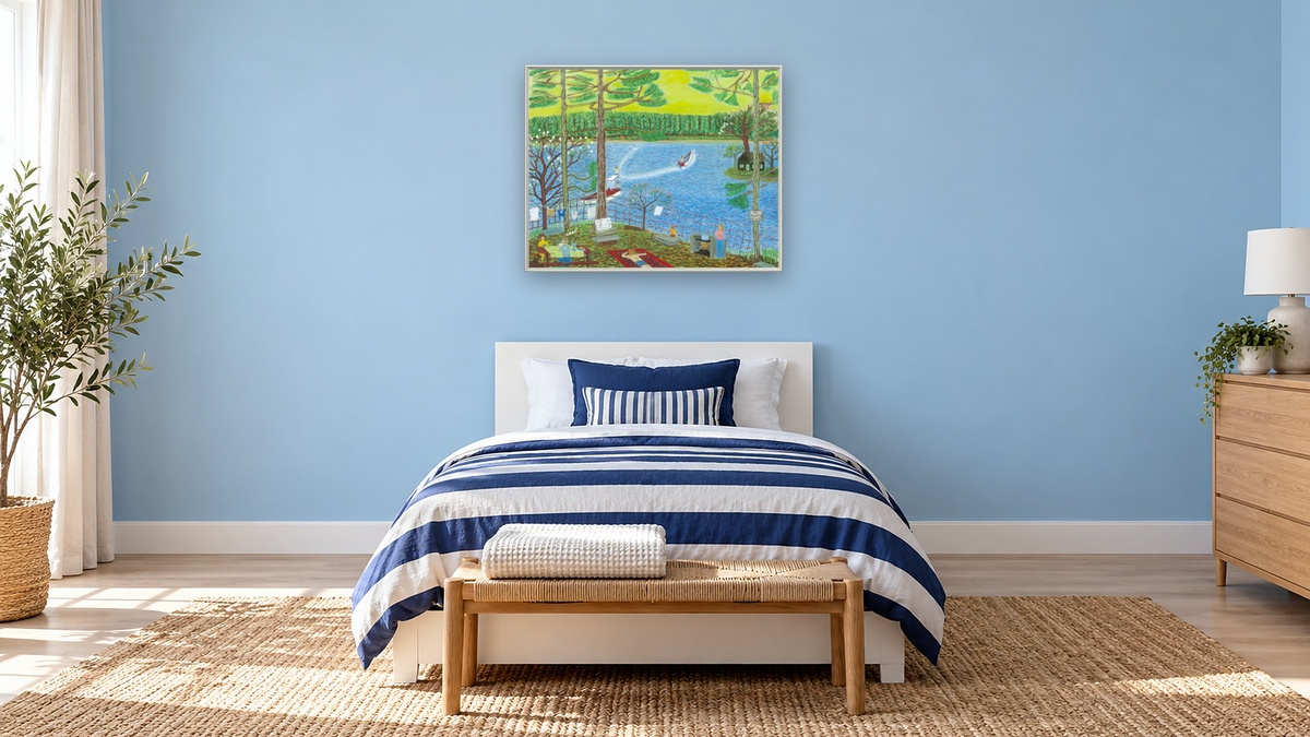 Marc Fishing by Ralph Fasanella, shown at 32 × 40 in (81.3 × 101.6 cm) on canvas in Ramino Opaque White, kids' room
