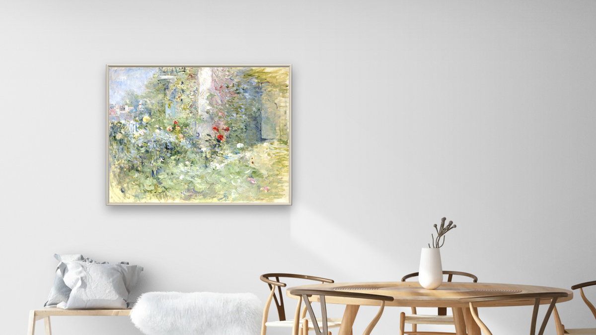 The Garden at Bougival by Berthe Morisot, shown at 32 × 40 in (81.3 × 101.6 cm) on canvas in Ramino Opaque White, dining