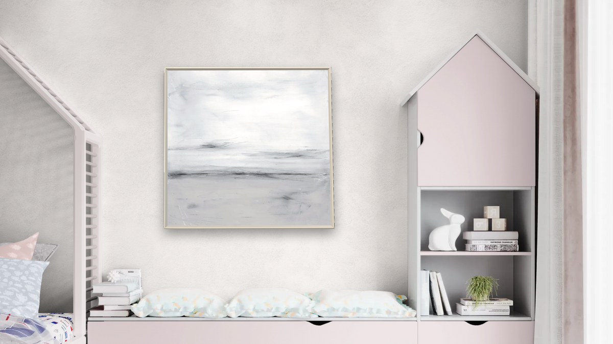 LS No. 205 by Brandon McKenzie, shown at 32 × 32 in (81.3 × 81.3 cm) on canvas in Ramino Opaque White, bedroom