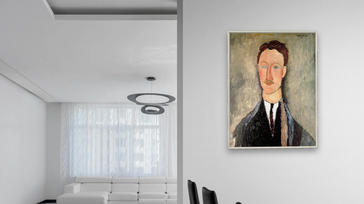 Portrait of Leopold Survage (1879-1968) by Amedeo Modigliani, shown at 30 × 40 in (76.2 × 101.6 cm) on canvas in Ramino Opaque White, dining