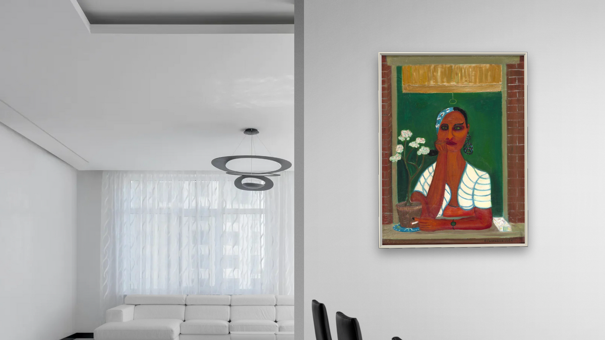 Latin Lady in Window by Ralph Fasanella, shown at 30 × 40 in (76.2 × 101.6 cm) on canvas in Ramino Opaque White, dining