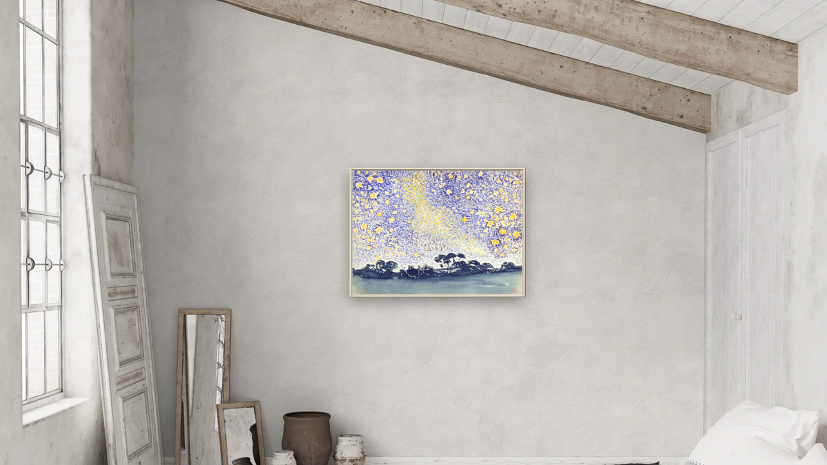 Landscape with Stars by Henri Edmond Cross, shown at 30 × 40 in (76.2 × 101.6 cm) on canvas in Ramino Opaque White, bedroom