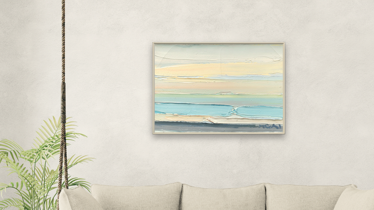 Seascape by Roger Mühl, shown at 30 × 40 in (76.2 × 101.6 cm) on canvas in Ramino Opaque White, living