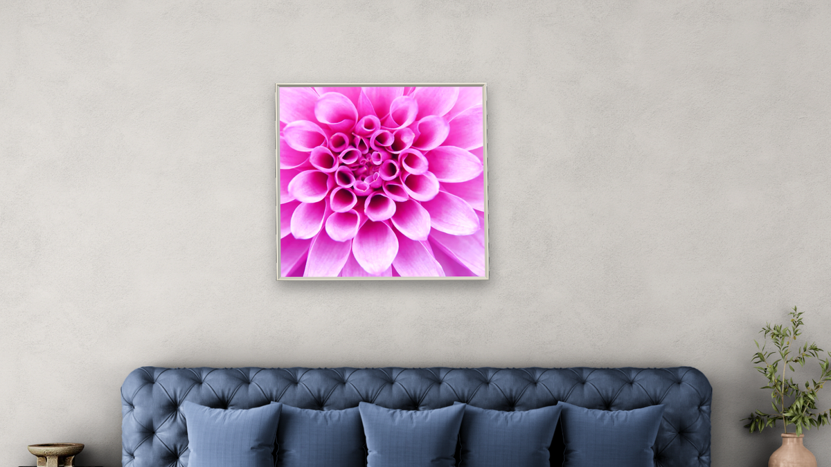 Dahlia Delight by Karen Ussery, shown at 32 × 32 in (81.3 × 81.3 cm) on canvas in Ramino Opaque White, bedroom