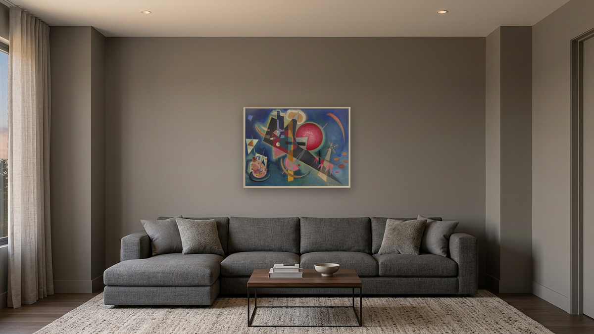 In Blue by Wassily Kandinsky, shown at 30 × 40 in (76.2 × 101.6 cm) on canvas in Ramino Opaque White, media room