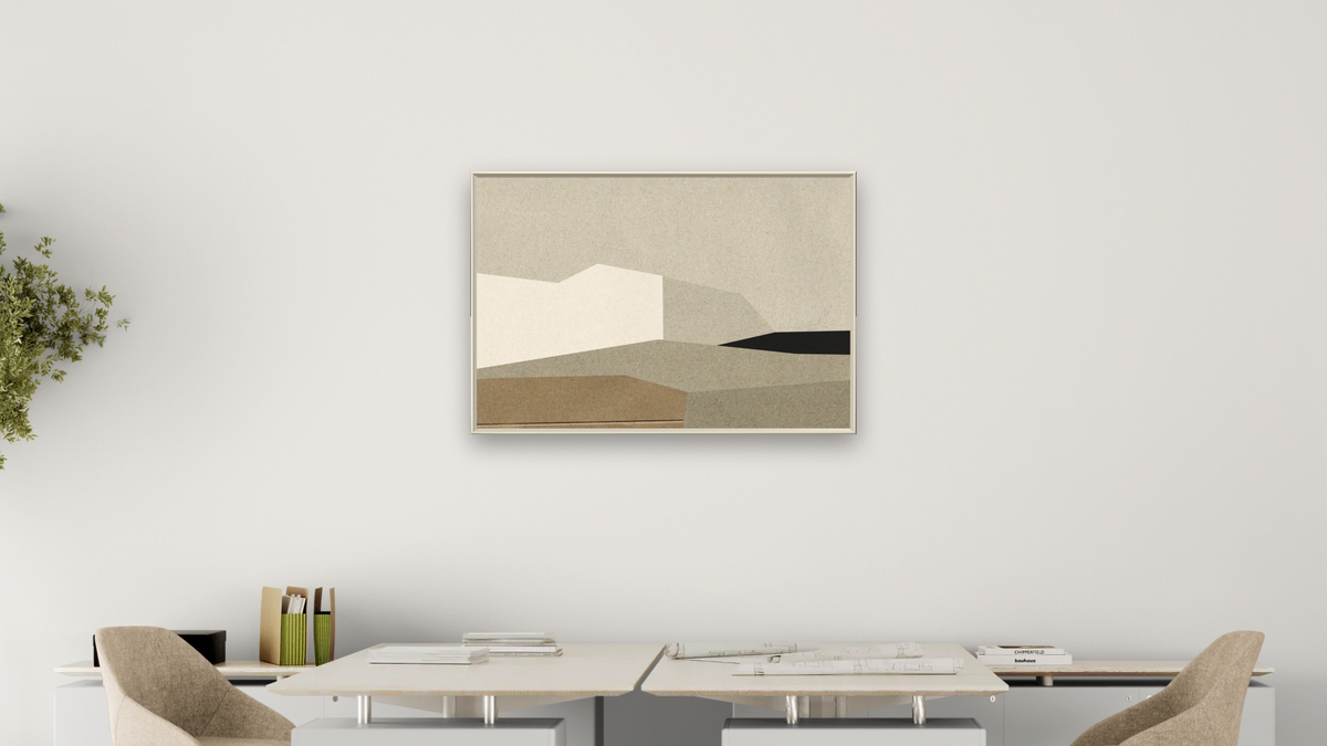 Home Land by Dan Hobday, shown at 28 × 42 in (71.1 × 106.7 cm) on canvas in Ramino Opaque White, office