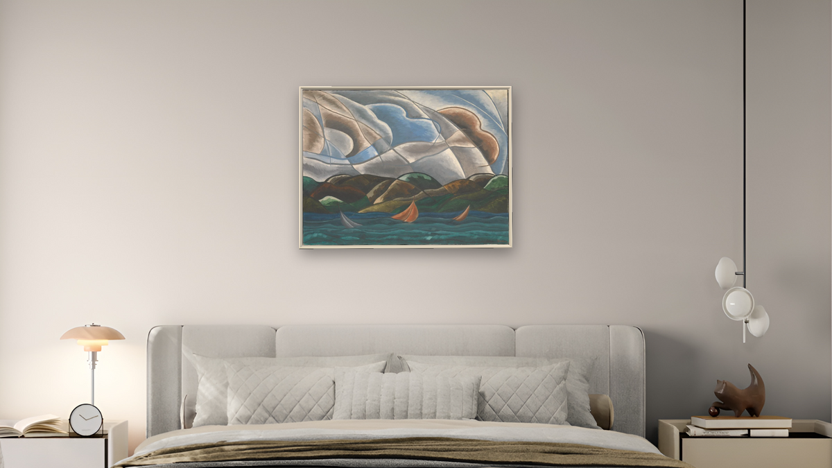 Clouds and Water by Arthur Dove, shown at 30 × 40 in (76.2 × 101.6 cm) on canvas in Ramino Opaque White, bedroom