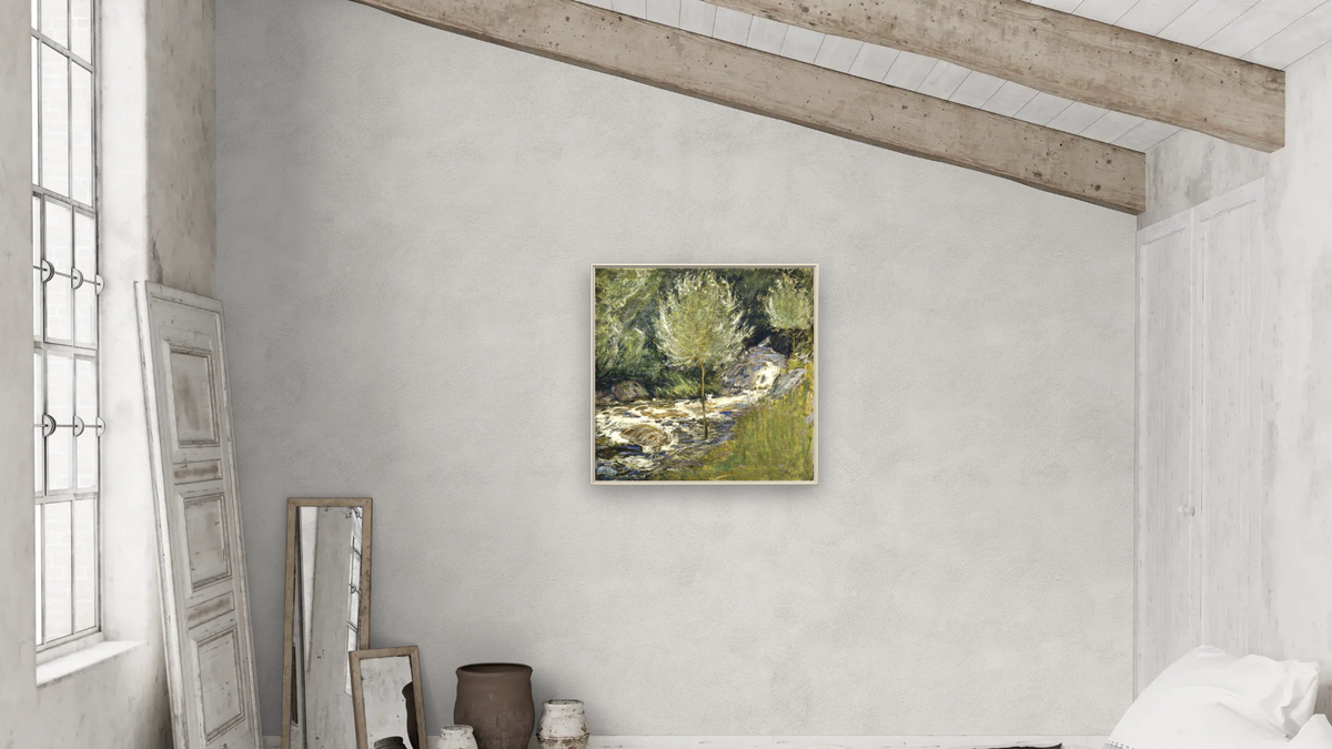 Horseneck Falls, Greenwich, Connecticut by John Henry Twachtman, shown at 32 × 32 in (81.3 × 81.3 cm) on canvas in Ramino Opaque White, bedroom