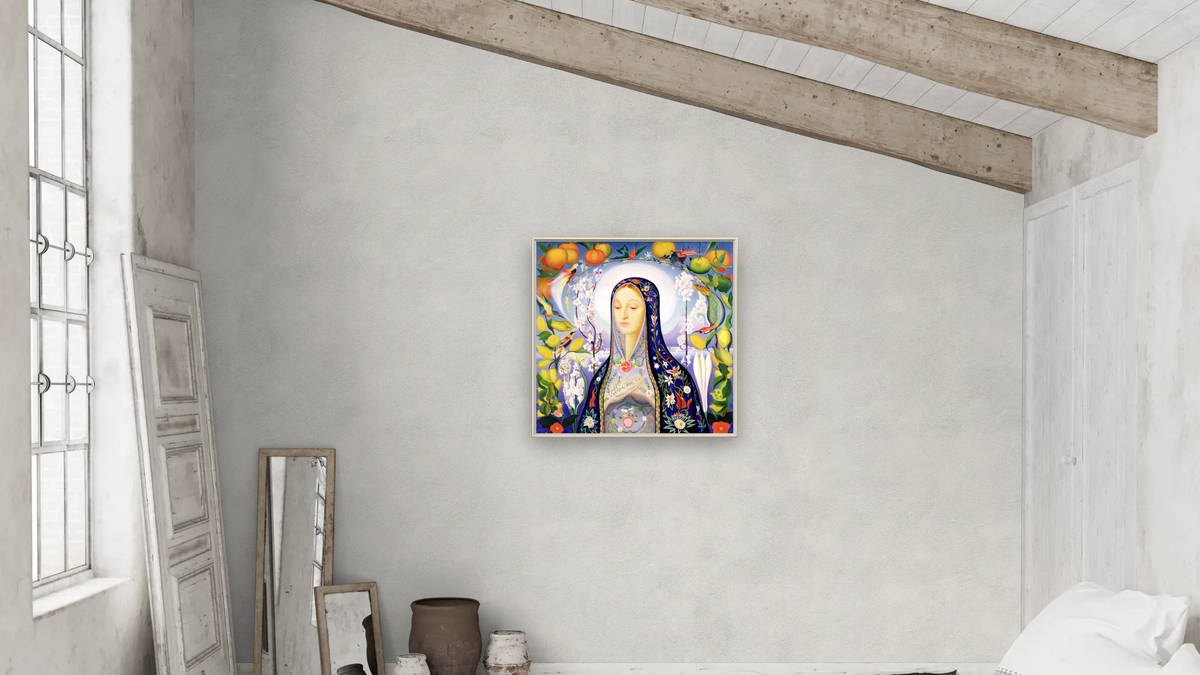 The Virgin by Joseph Stella, shown at 32 × 32 in (81.3 × 81.3 cm) on canvas in Ramino Opaque White, bedroom