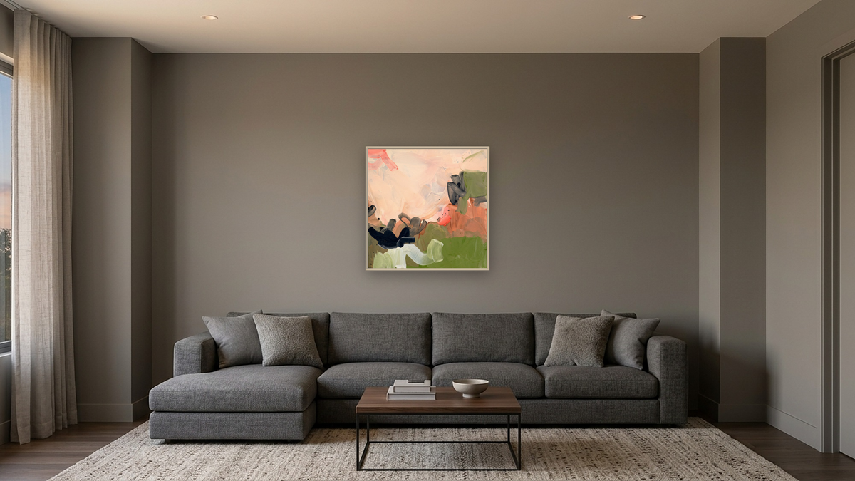 Snack 19 by Nino Yuniardi, shown at 32 × 32 in (81.3 × 81.3 cm) on canvas in Ramino Opaque White, media room