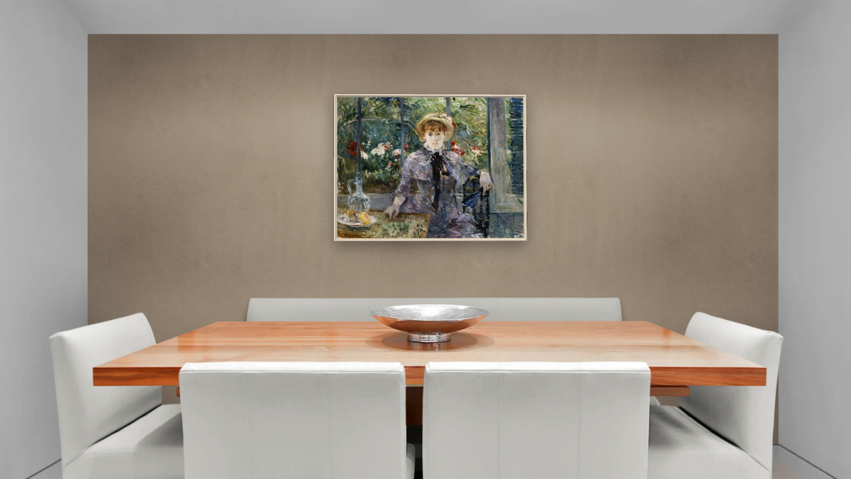 After Lunch by Berthe Morisot, shown at 32 × 40 in (81.3 × 101.6 cm) on canvas in Ramino Opaque White, dining