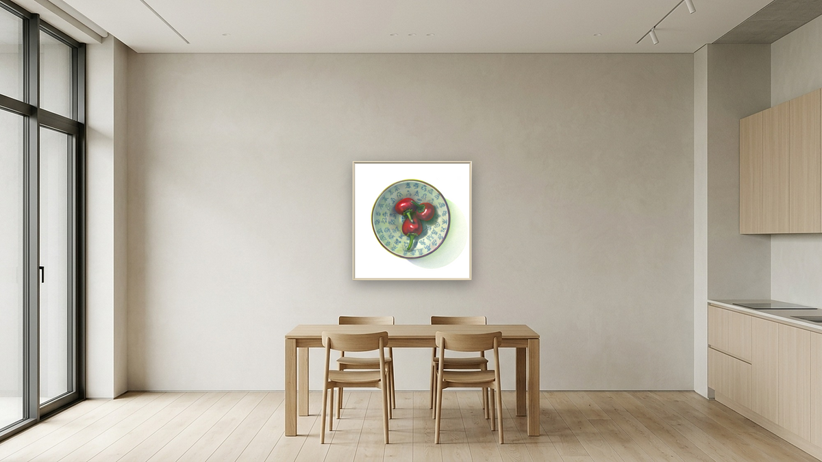 Three Peppers by Kirsten Söderlind, shown at 32 × 32 in (81.3 × 81.3 cm) on canvas in Ramino Opaque White, kitchen
