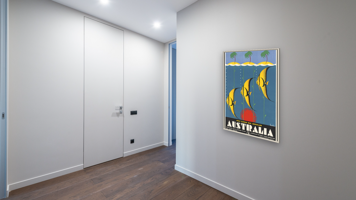 BPL Travel Posters, shown at 28 × 42 in (71.1 × 106.7 cm) on canvas in Ramino Opaque White, hallway