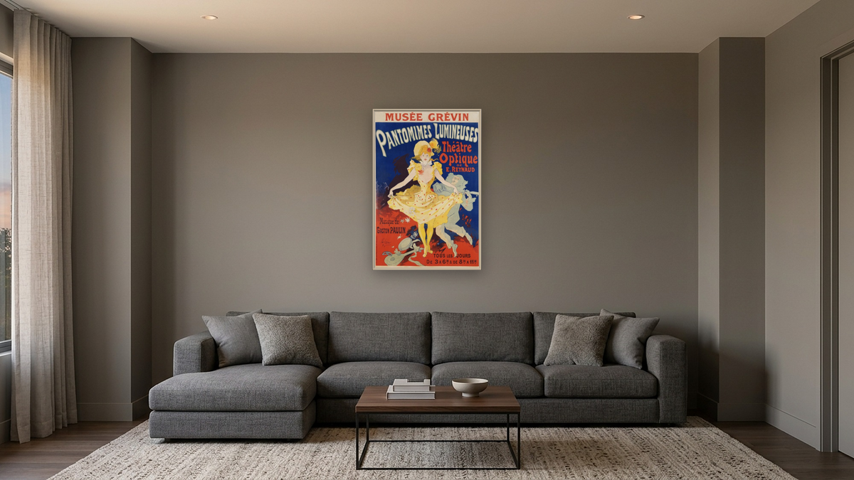 French Poster for Early Motion Picture Pantommes Lumineuses by Jules Chéret, shown at 28 × 42 in (71.1 × 106.7 cm) on canvas in Ramino Opaque White, media room