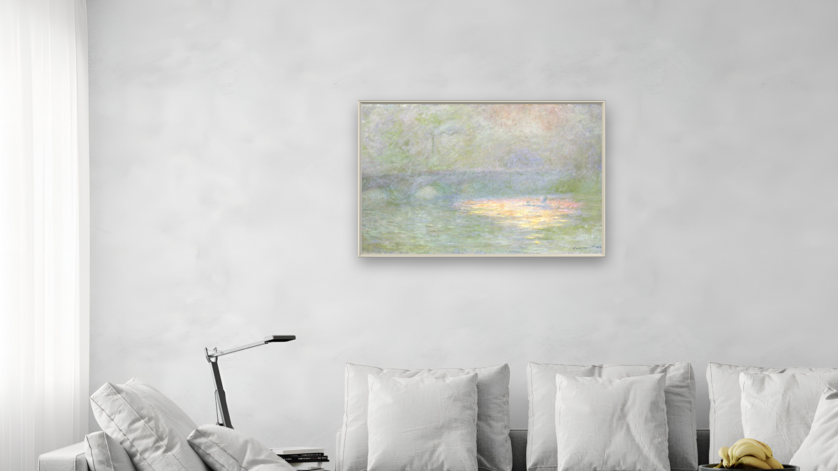 Waterloo Bridge by Claude Monet, shown at 28 × 42 in (71.1 × 106.7 cm) on canvas in Ramino Opaque White, living