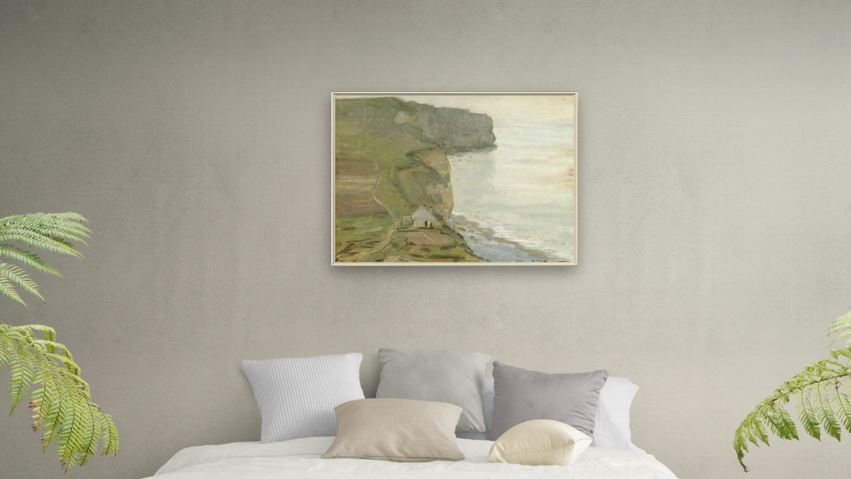 Cape Antifer, Etretat by Claude Monet, shown at 30 × 40 in (76.2 × 101.6 cm) on canvas in Ramino Opaque White, bedroom