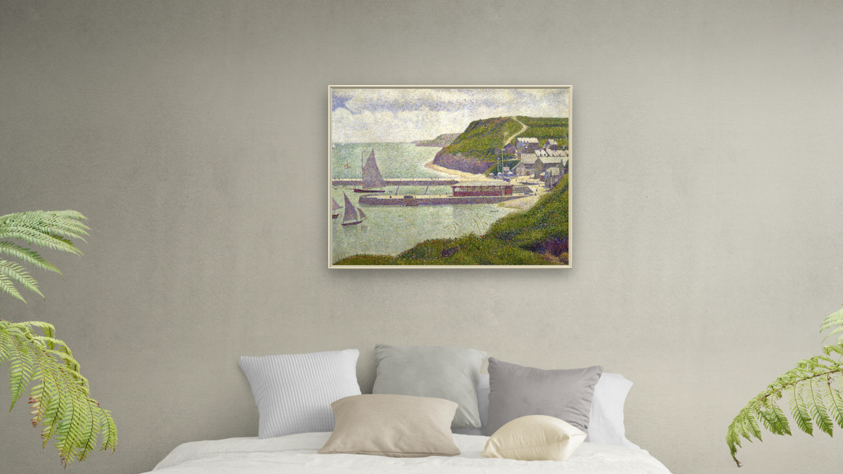 Harbour at Port-en-Bessin at High Tide by Georges Seurat, shown at 32 × 40 in (81.3 × 101.6 cm) on canvas in Ramino Opaque White, bedroom