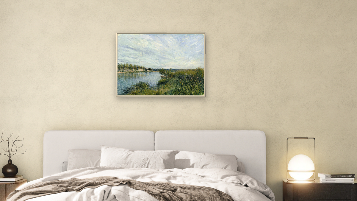 View of Saint-Mammes by Alfred Sisley, shown at 30 × 40 in (76.2 × 101.6 cm) on canvas in Ramino Opaque White, bedroom