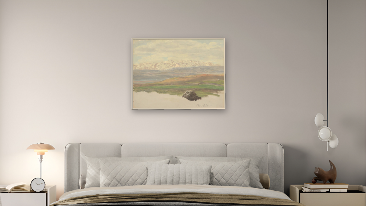 Mount Lebanon by Frederic Edwin Church, shown at 30 × 40 in (76.2 × 101.6 cm) on canvas in Ramino Opaque White, bedroom
