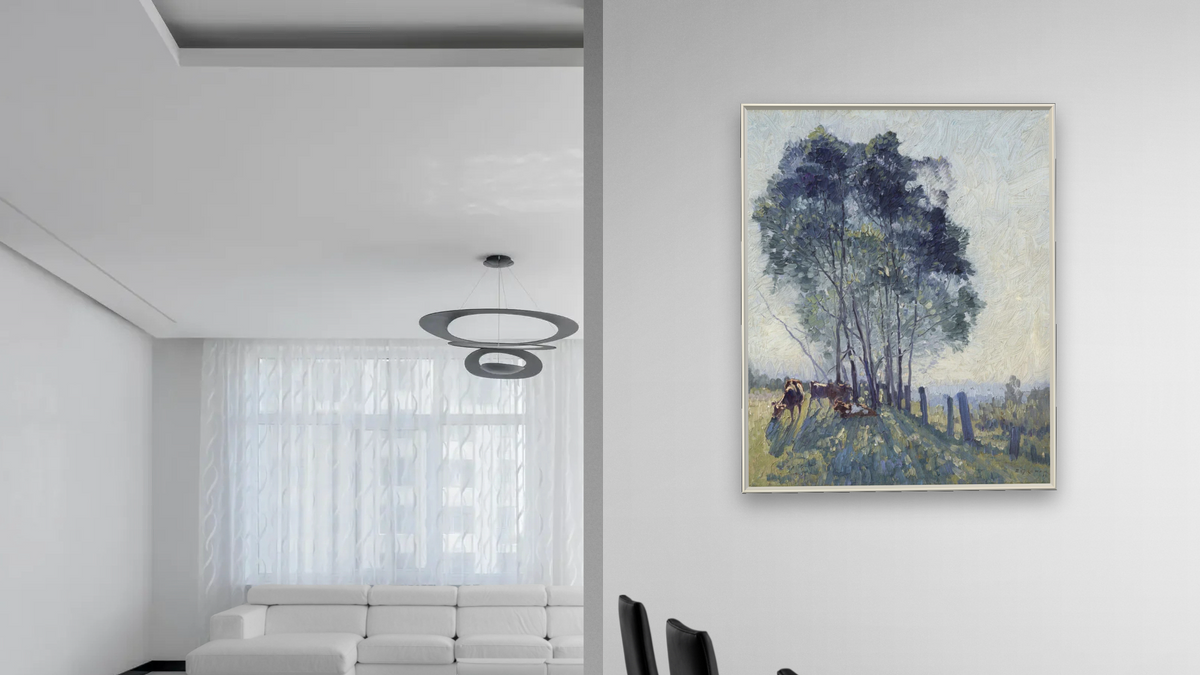 The wattles by Elioth Gruner, shown at 32 × 40 in (81.3 × 101.6 cm) on canvas in Ramino Opaque White, dining