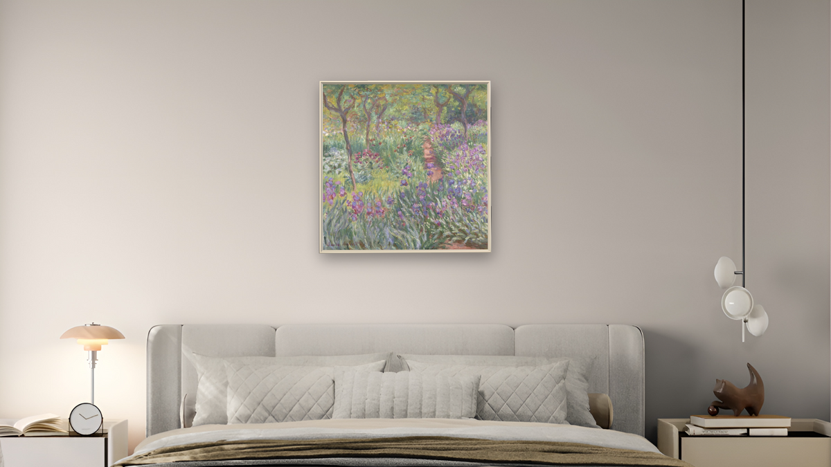 The Artist’s Garden in Giverny by Claude Monet, shown at 32 × 32 in (81.3 × 81.3 cm) on canvas in Ramino Opaque White, bedroom