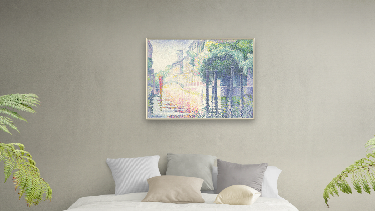 Rio San Trovaso, Venice by Henri Edmond Cross, shown at 32 × 40 in (81.3 × 101.6 cm) on canvas in Ramino Opaque White, bedroom