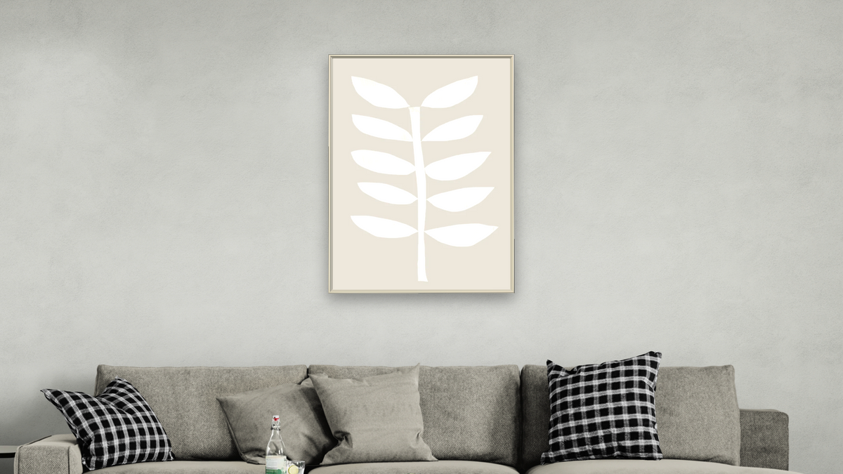 Minimal Plant 3 by Dan Hobday, shown at 28 × 42 in (71.1 × 106.7 cm) on canvas in Ramino Opaque White, living