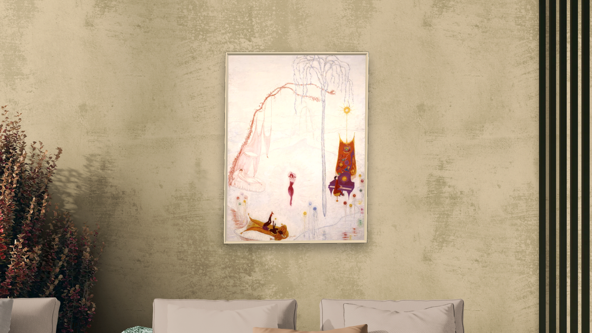 Music by Florine Stettheimer, shown at 30 × 40 in (76.2 × 101.6 cm) on canvas in Ramino Opaque White, living