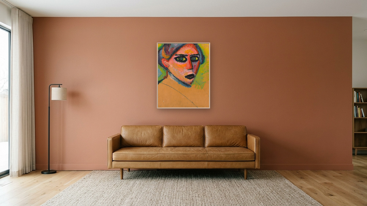 Woman's Face by Alexei Jawlensky, shown at 32 × 40 in (81.3 × 101.6 cm) on canvas in Ramino Opaque White, media room
