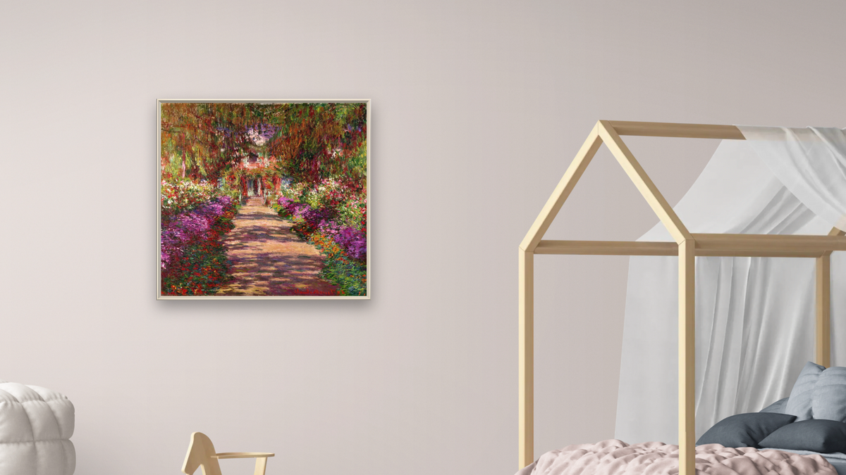 A Pathway in Monet's Garden, Giverny, 1902 by Claude Monet, shown at 32 × 32 in (81.3 × 81.3 cm) on canvas in Ramino Opaque White, bedroom