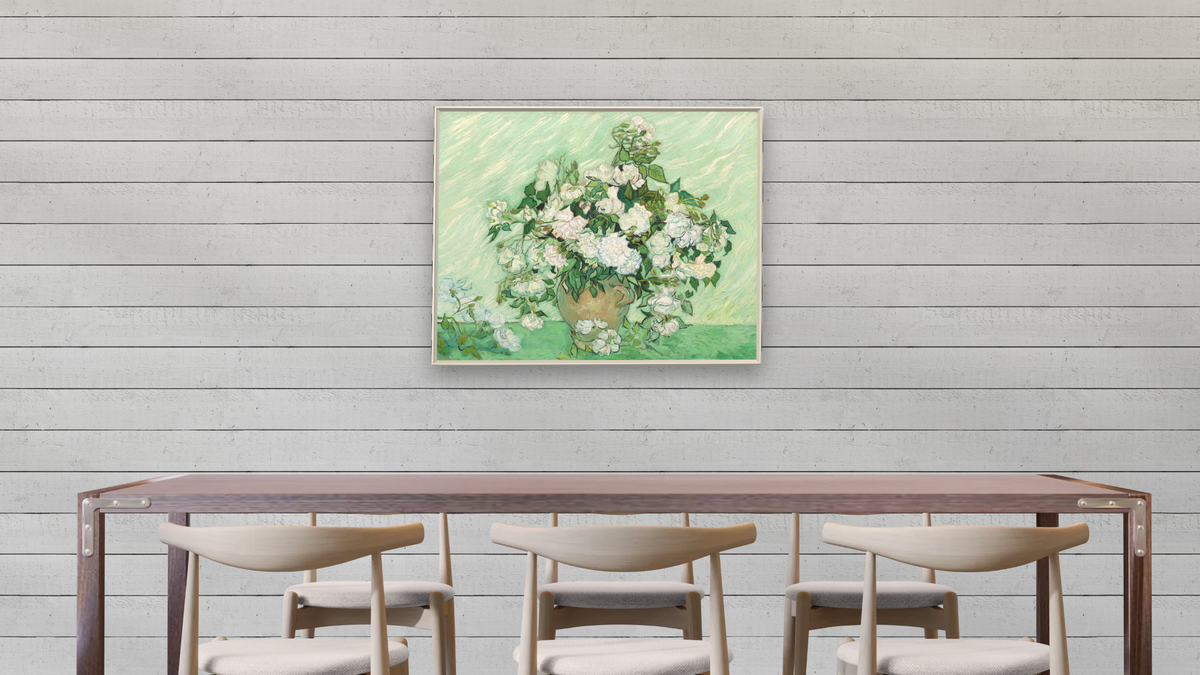 Roses by Vincent van Gogh, shown at 32 × 40 in (81.3 × 101.6 cm) on canvas in Ramino Opaque White, dining