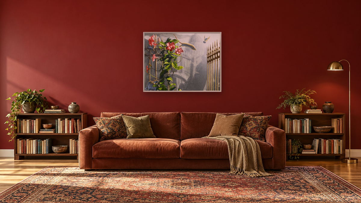 wallace line batch by Alexis Rockman, shown at 30 × 40 in (76.2 × 101.6 cm) on canvas in Ramino Opaque White, library