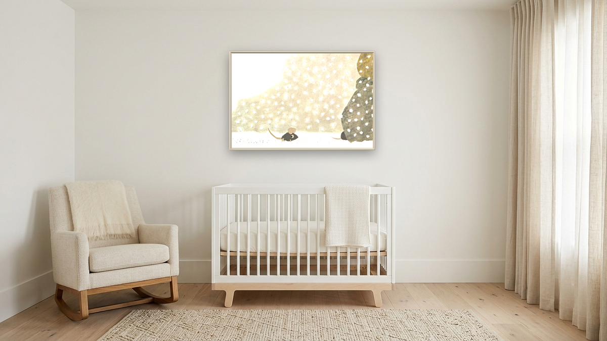 Frederick VI by Leo Lionni, shown at 28 × 42 in (71.1 × 106.7 cm) on canvas in Ramino Opaque White, nursery