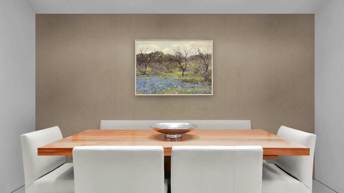 Early Spring-Bluebonnets and Mesquite by Julian Onderdonk, shown at 30 × 40 in (76.2 × 101.6 cm) on canvas in Ramino Opaque White, dining