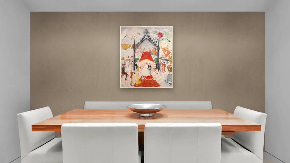 The Cathedrals of Fifth Avenue by Florine Stettheimer, shown at 32 × 40 in (81.3 × 101.6 cm) on canvas in Ramino Opaque White, dining