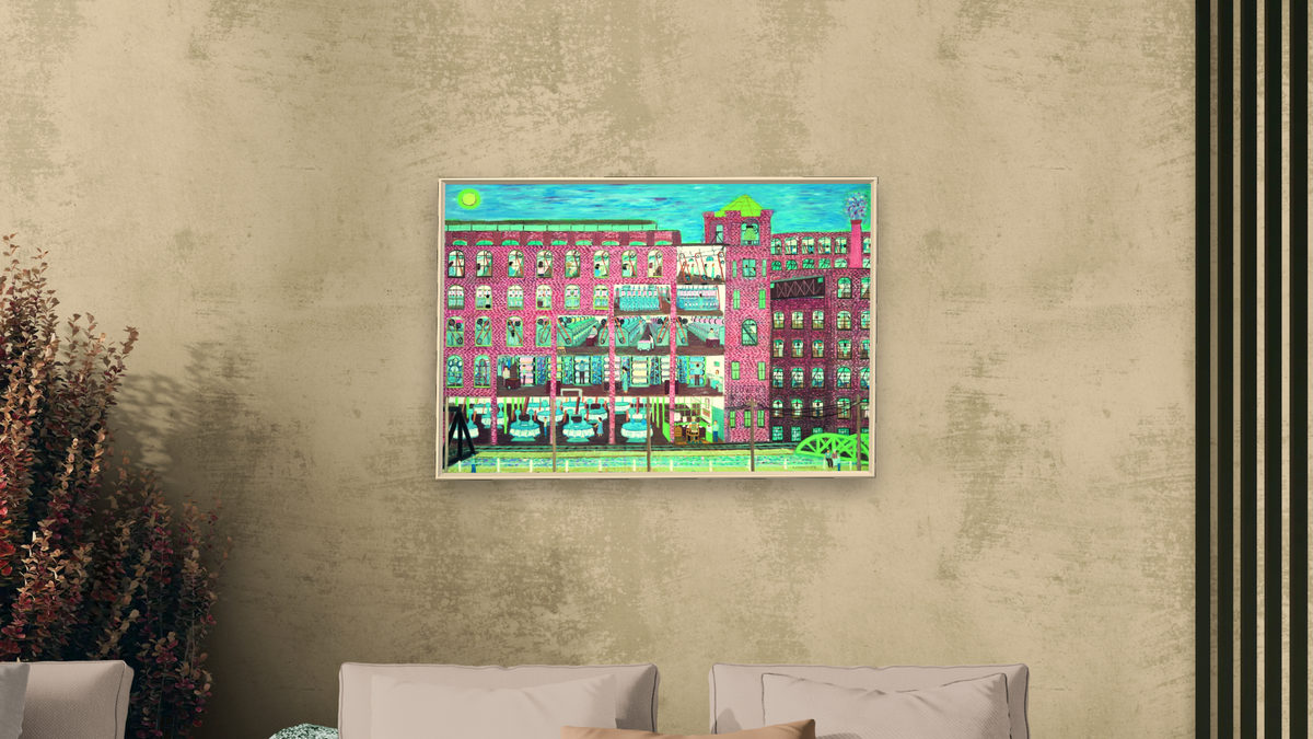 Mill Workers - Night Shift #1 by Ralph Fasanella, shown at 28 × 42 in (71.1 × 106.7 cm) on canvas in Ramino Opaque White, living
