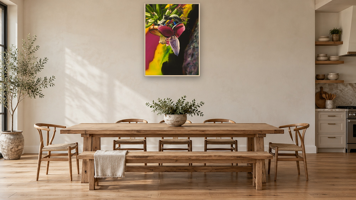 United Fruit by Alexis Rockman, shown at 30 × 40 in (76.2 × 101.6 cm) on canvas in Ramino Opaque White, kitchen
