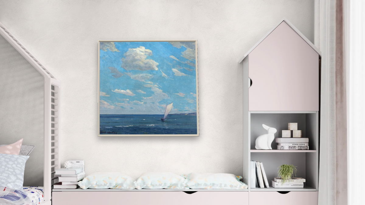 Off Duneland Shores by Frank V. Dudley, shown at 32 × 32 in (81.3 × 81.3 cm) on canvas in Ramino Opaque White, bedroom