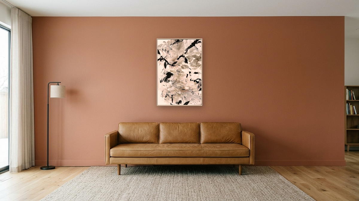 Fall Forest 1 by Dan Hobday, shown at 28 × 42 in (71.1 × 106.7 cm) on canvas in Ramino Opaque White, media room