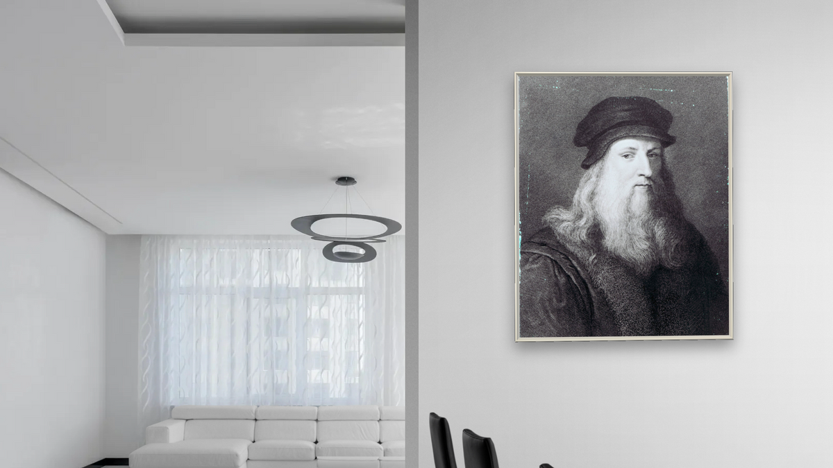 Leonardo da Vinci, engraved by Raphael Morghen by Leonardo da Vinci, shown at 32 × 40 in (81.3 × 101.6 cm) on canvas in Ramino Opaque White, dining