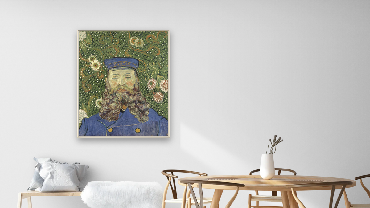Portrait of the Postman Joseph Roulin by Vincent van Gogh, shown at 32 × 40 in (81.3 × 101.6 cm) on canvas in Ramino Opaque White, dining