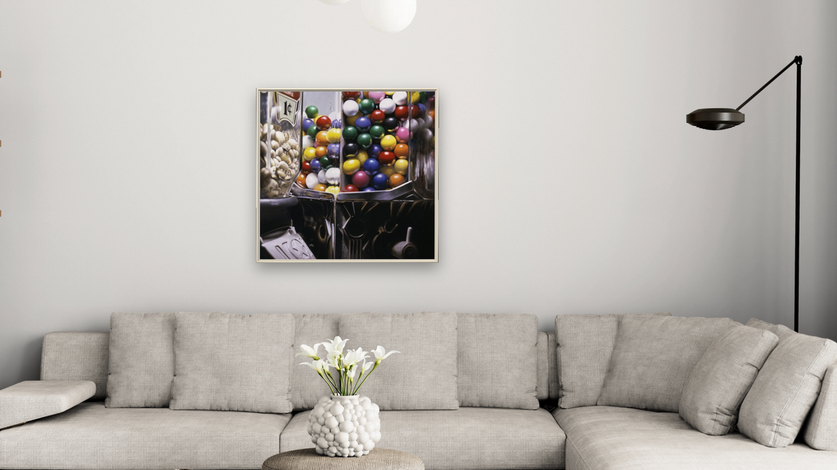 Gum Ball #8 by Charles Bell, shown at 32 × 32 in (81.3 × 81.3 cm) on canvas in Ramino Opaque White, living