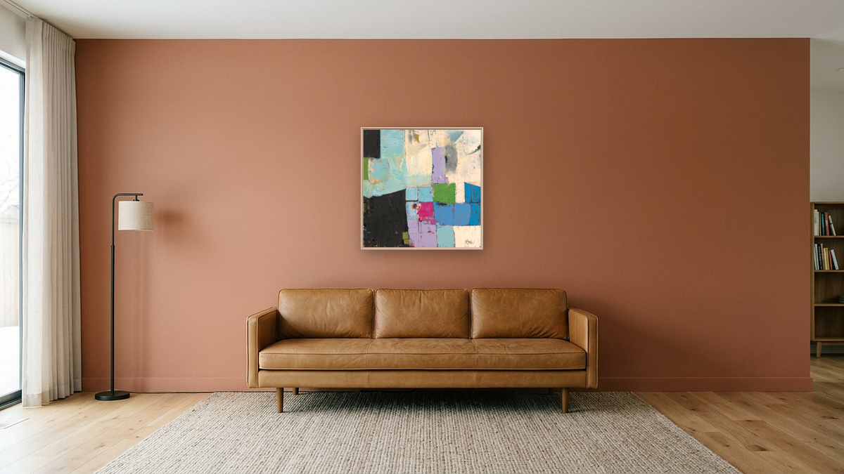 Waterfront by Louise Gaskill, shown at 32 × 32 in (81.3 × 81.3 cm) on canvas in Ramino Opaque White, media room