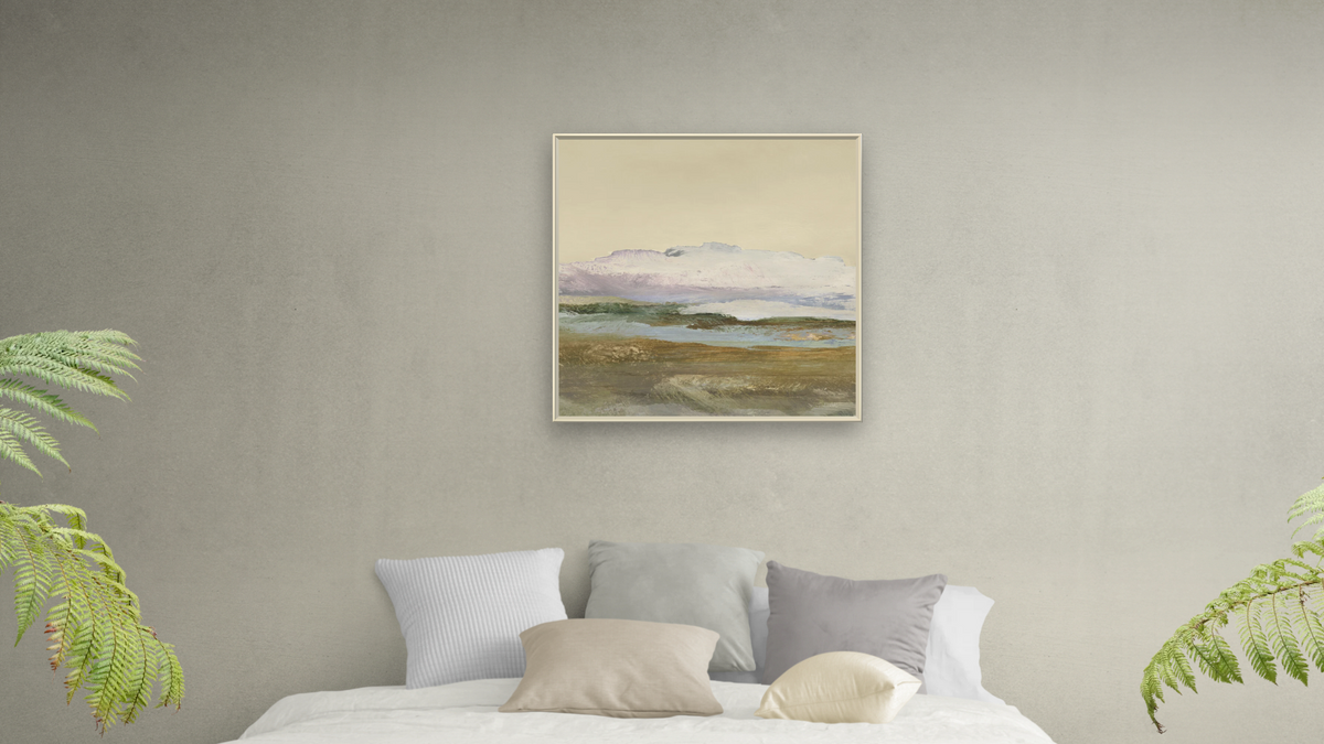 Element by Dan Hobday, shown at 32 × 32 in (81.3 × 81.3 cm) on canvas in Ramino Opaque White, bedroom