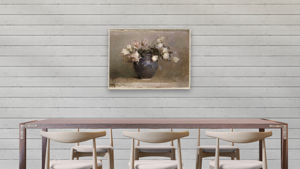 Roses by Abbott Handerson Thayer, shown at 30 × 40 in (76.2 × 101.6 cm) on canvas in Ramino Opaque White, dining