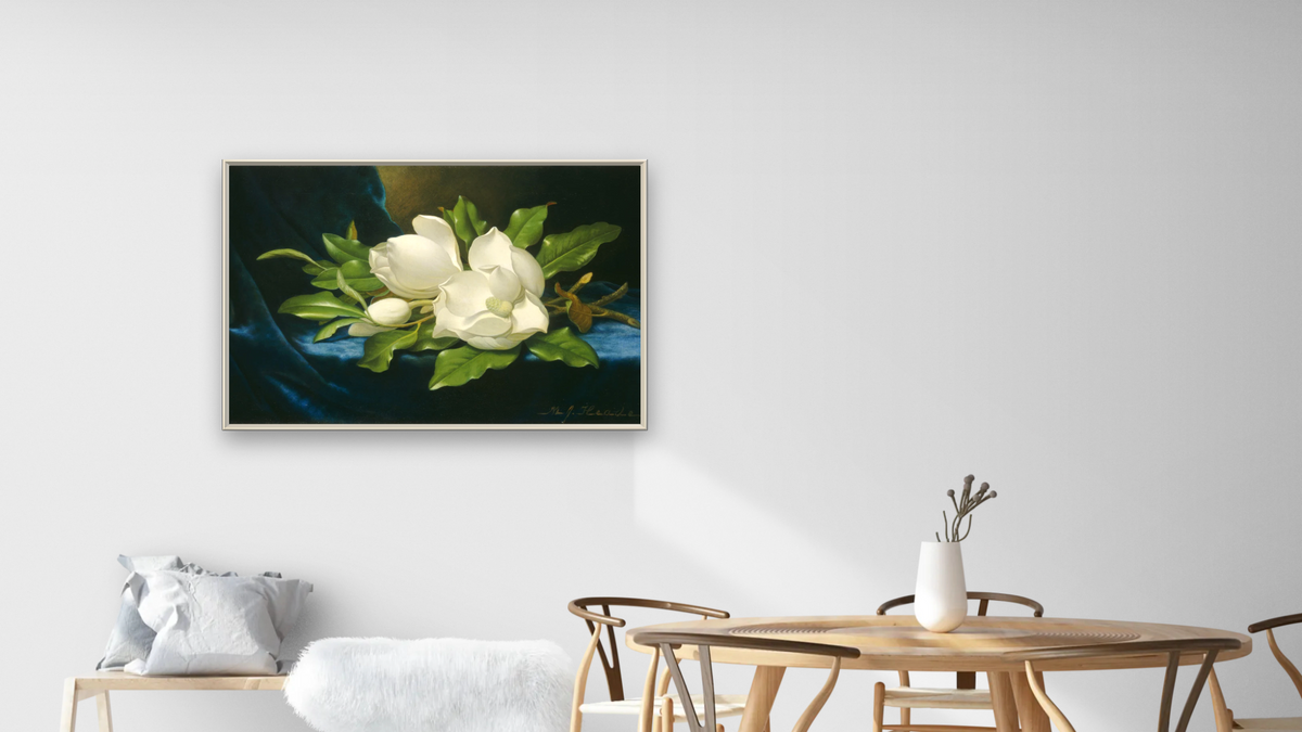 Giant Magnolias on a Blue Velvet Cloth by Martin Johnson Heade, shown at 28 × 42 in (71.1 × 106.7 cm) on canvas in Ramino Opaque White, dining