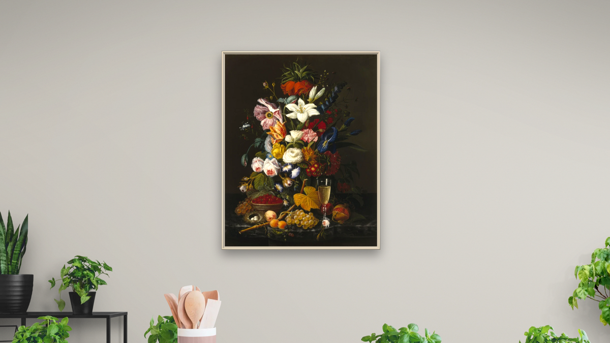 Victorian Bouquet by Severin Roesen, shown at 32 × 40 in (81.3 × 101.6 cm) on canvas in Ramino Opaque White, dining
