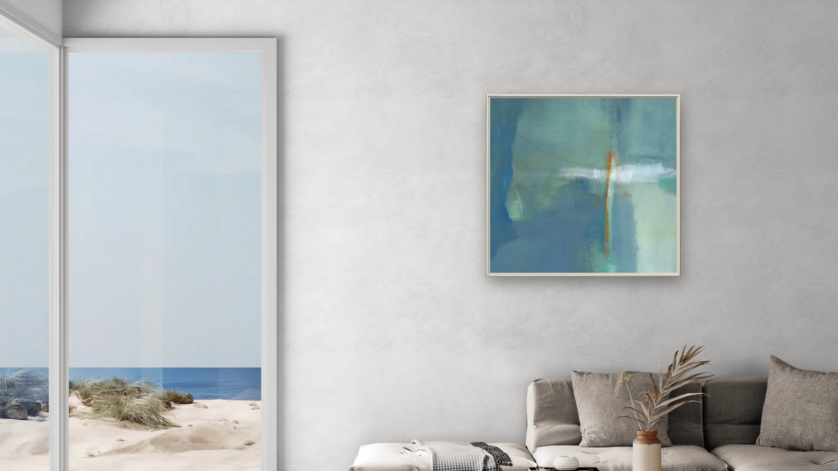 No. 436 by Michelle Oppenheimer, shown at 32 × 32 in (81.3 × 81.3 cm) on canvas in Ramino Opaque White, living