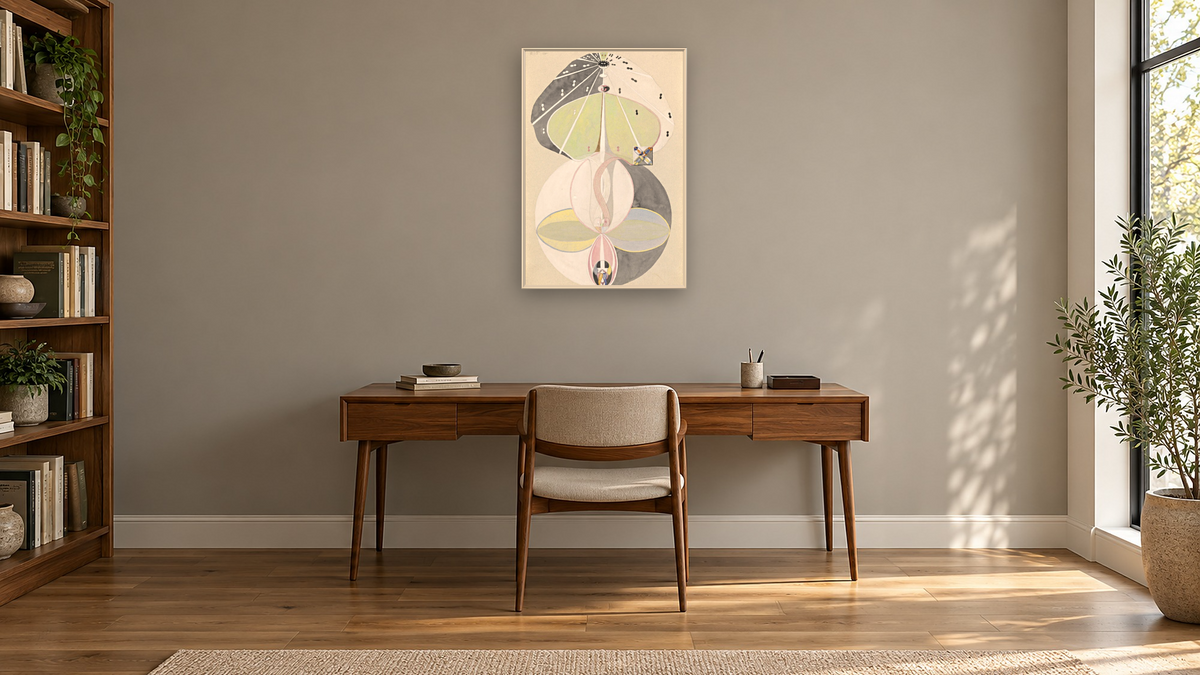 Tree of Knowledge, No. 5 by Hilma af Klint, shown at 28 × 42 in (71.1 × 106.7 cm) on canvas in Ramino Opaque White, library